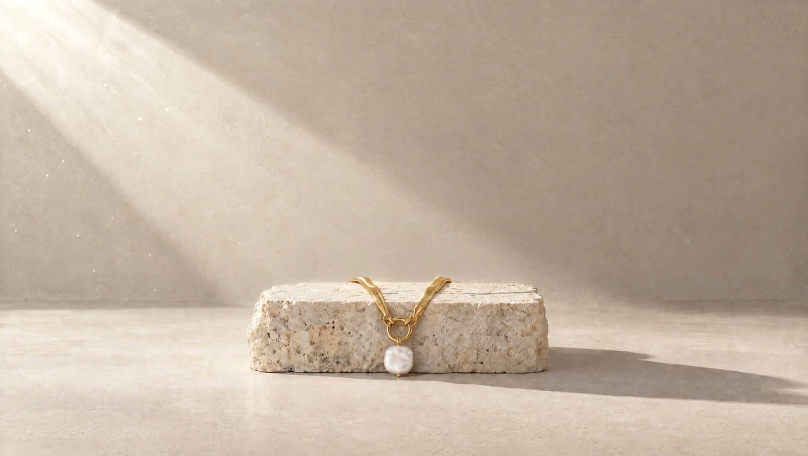 A gold chain with a single pearl, draped over pale stone in morning light